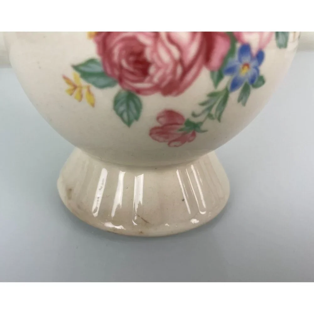 Vintage Royal Copley Beige Rose Floral Handled Vase, Mid-Century Pottery Ceramic